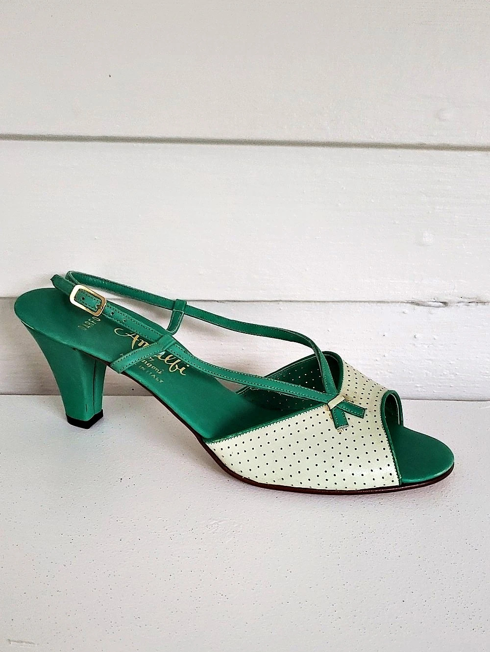 Amali By Rangoni Vintage Green & Cream High Heel Sandals Size 8.5